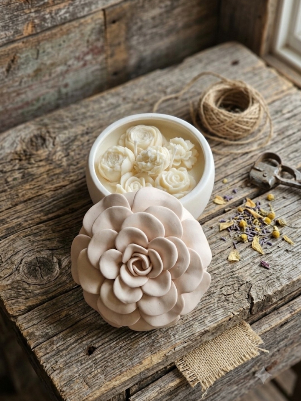 Floral Ceramic Trinket Box Soy Wax Candle with Rose Lid - Blush Beige